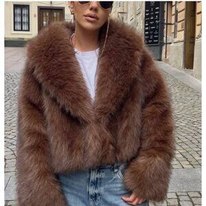 Zara Womens Faux Fur Short Coat Jacket Brown S Small Big Collar 6318/021 NWT